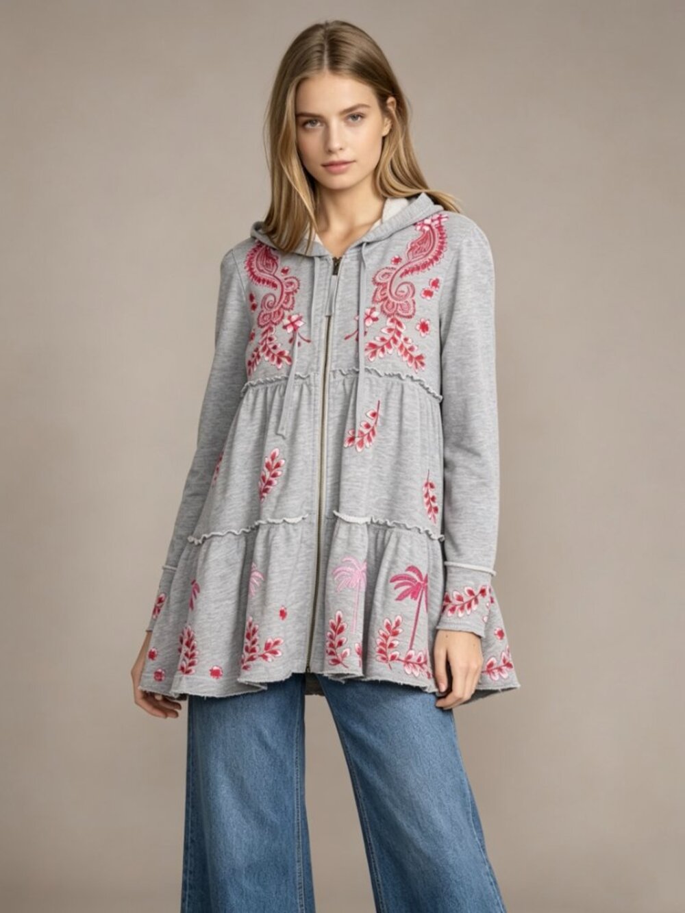 NWOT Johnny Was Cassia Floral Embroidered Full Zip Tiered Hoodie Sweatshirt XS